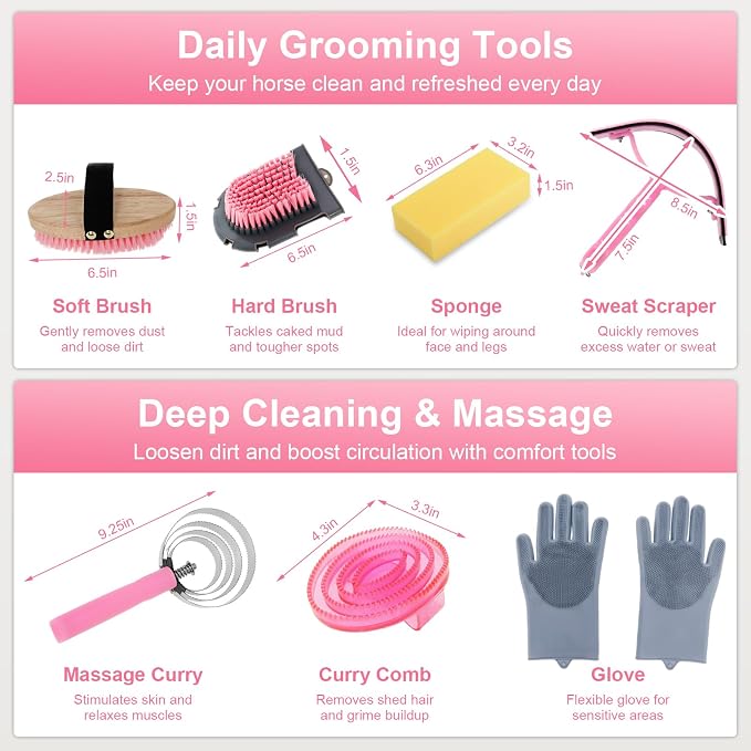 Horse Grooming Kit 13 Pack, Horse Brushes for Grooming Supplies Set with Tote Bag, Horse Tack Supplies with Gloves & Brush for Equine Care and Bathing (Pink)
