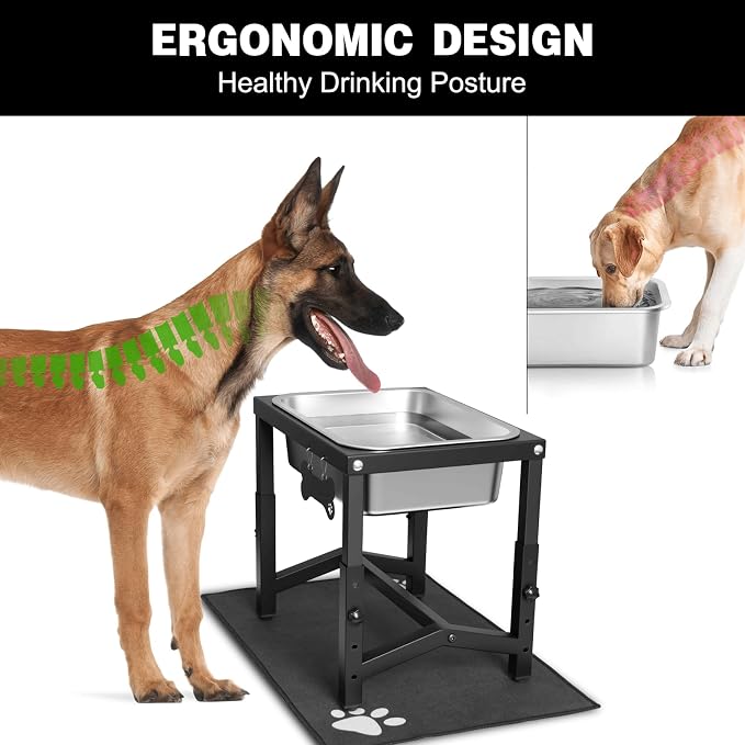 2 Gallon Elevated Large Dog Water Bowl, 4 Adjustable Height 10.5-15.8'' Raised Stainless Steel Bowl Stand with Anti-Slip Mat for Large Breed, Metal Dog Feeding Station for Relief Joint Pressure