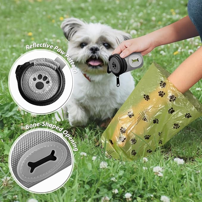 FURHAB Glow Dog Poop Bag Holder for Leash Doggie Waste Bag Dispenser Puppy Potty Carrier Small Doggy Zipper Pouch with Carabiner Clip 1680D Nylon Oxford with 1 Roll of Pet Trash Bags, Silver