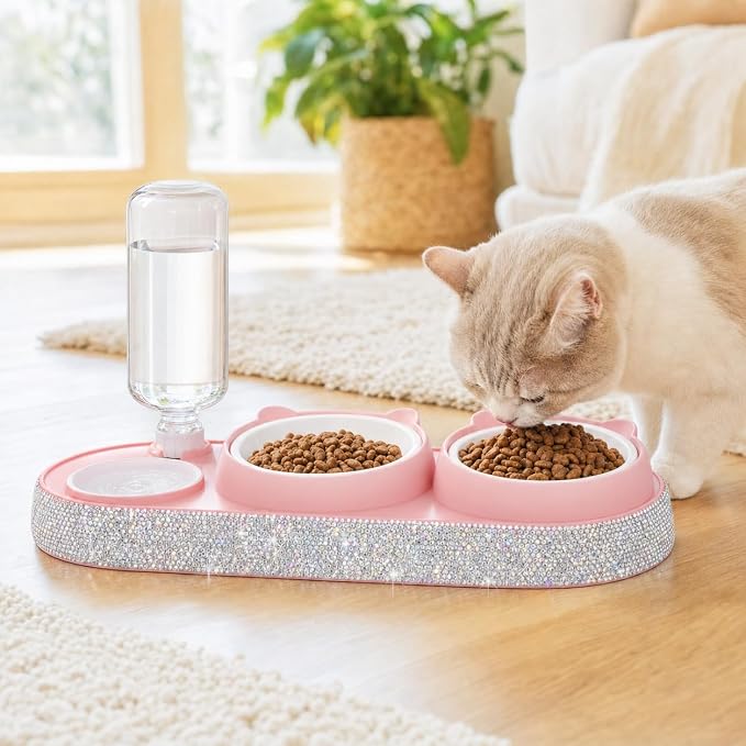 SlowVibes Bling Pink Cat Food and Water Bowl Set, Automatic Water Dispenser | 15-degree tilted double bowls with 17 oz automatic water dispenser for indoor cats, kittens, small medium dogs,Rhinestone