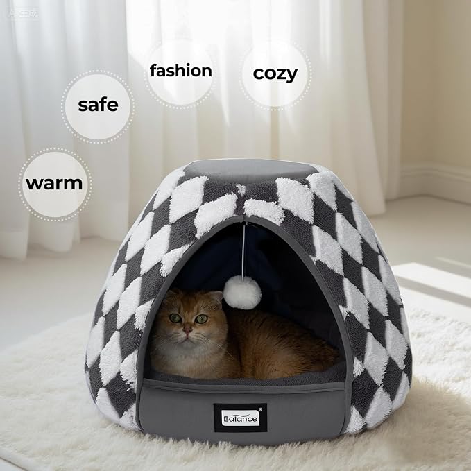BALANCE Cat Beds for Indoor Cats, 2-in-1 Cat Bed Cave with Anti-Slip Bottom and Ultra-Soft Plush, Cozy Cats House Tent for Kittens and Small Dogs, 19 Inches, Dark Grey