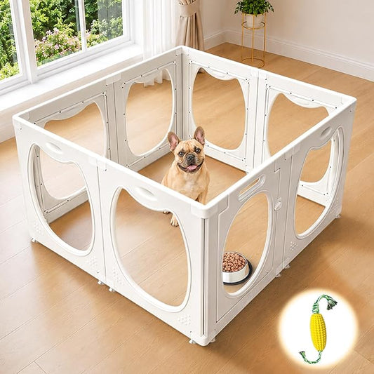 Clear Acrylic Dog Playpen Indoor with Toy & Door (24" H, 8 Panels, White) | Transparent Puppy Playpen for Dogs, Cats, Rabbits or Small Pets, Indoor Modern Dog Play Pen for Home, Easy Clean & Assemble