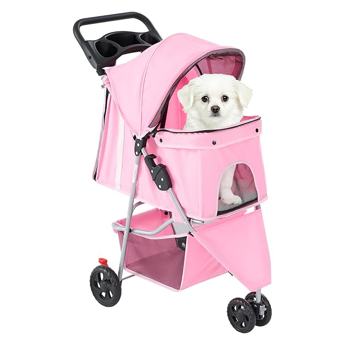 DUMOS 3 Wheels Pet Stroller for Small Dogs and Cats | Foldable Dog Stroller with Mesh Windows, Storage Basket & Cup Holder, Lightweight & Durable Pet Carrier for Travel, Pink