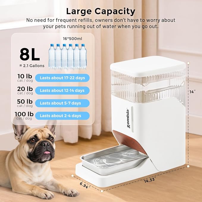ZOMISIA Automatic Dog Water Dispenser 8L with Stainless Steel Bowl, Gravity Large Capacity Water Bowl for Dogs, 2 Gallon Pet Waterer 100% BPA Free, Cool Grey