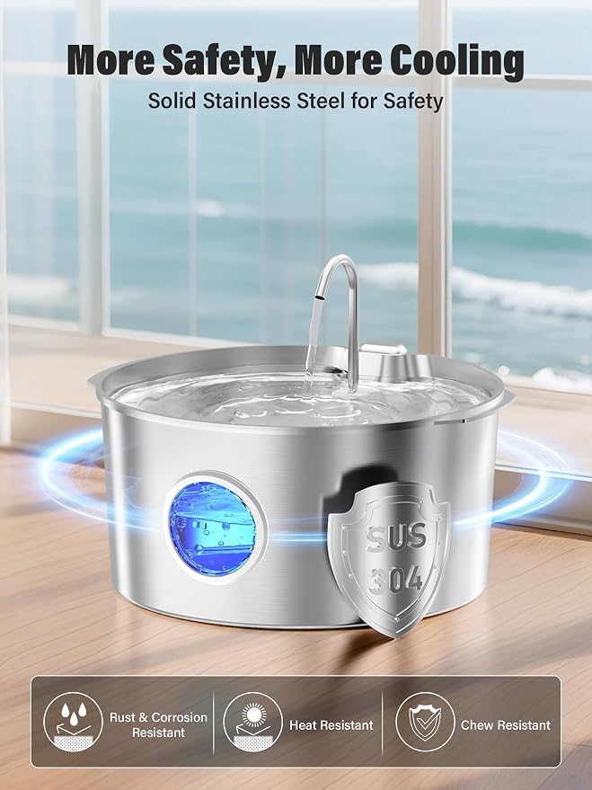 3.4Gal Dog Water Fountain for Large Dogs, Extra Large Stainless Steel Pet Water Fountain, Round Dog Water Bowl Dispenser with Metal Handle, Water Level Window for Multi Pet Home