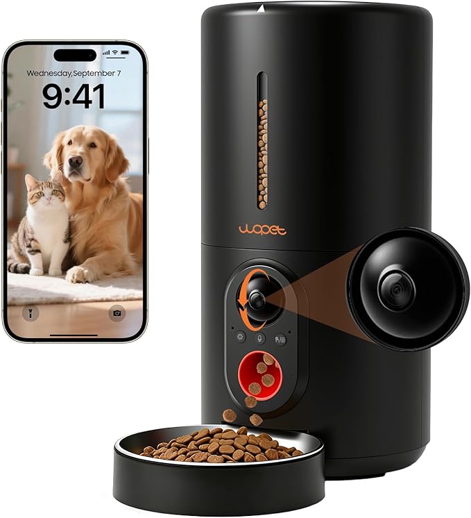 WOPET 6L Automatic Cat Feeder with Camera, 1080P HD, WiFi App Control, 4GB SD Card, Night Vision, 10 Meals/Day, Dual Power, Stainless Steel Bowl for Cats & Small Dogs