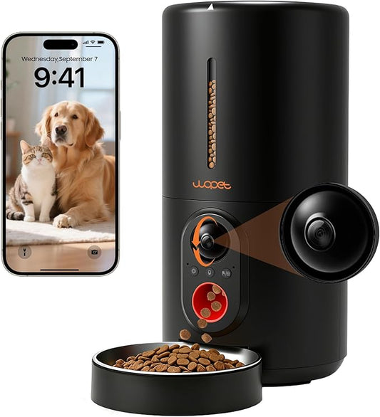 Distributeur automatique de croquettes WOPET 6L avec caméra pour chat, HD 1080P, contrôle via application WiFi, carte SD 4 Go, vision nocturne, 10 repas/jour, double alimentation, gamelle en acier inoxydable pour chats et petits chiens