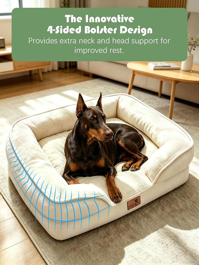 Spotted Play Orthopedic Dog Bed with Sides - Sofa Beds for Extra Large Dogs, Supportive Foam Pet Couch Bed with Washable Removable Cover, Waterproof Lining and Non-Slip Bottom, Ivory - XL-Plus