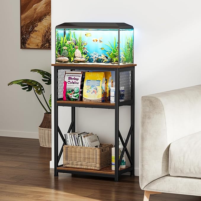 Snughome 10 Gallon Aquarium Stand, 3-Tier Storage Fish Tank Stand 220 lb Top, Fits 5/10 Gallon , Waterproof / Small Space, 20.47" x 11.42" x 30.91", Rustic Brown