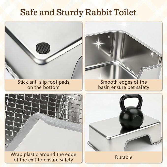 Rypet Large Rabbit Litter Box, Bunny Litter Box High Side with 304 Stainless Steel Sifting Tray, Metal Small Animal Litter Pan with Pet Food Bowl and Water Bottle, Non-Slip Easy to Clean Odor Control