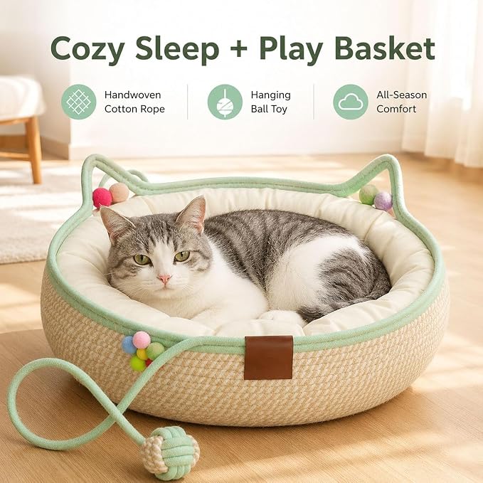 Handwoven Cotton Rope Cat Basket Bed with Hanging Ball Toy (Blue, Small) | cat bed, woven cat basket, kitten bed, small dog bed, cat toy ball, all season pet bed, washable cat cushion