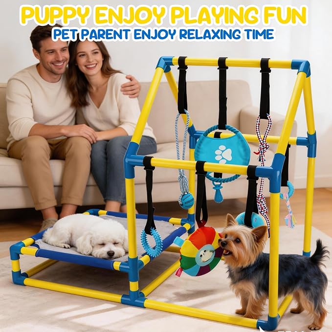 Puppy Play Gym Activity Center, Dog Indoor Jungle Gym with 8 Toys | 8 Hanging Enrichment Toys for Busy Play, Soft Mat for Rest, Non-Slip Feet, PVC Frame, Adjustable Straps, Cats and Small Pets