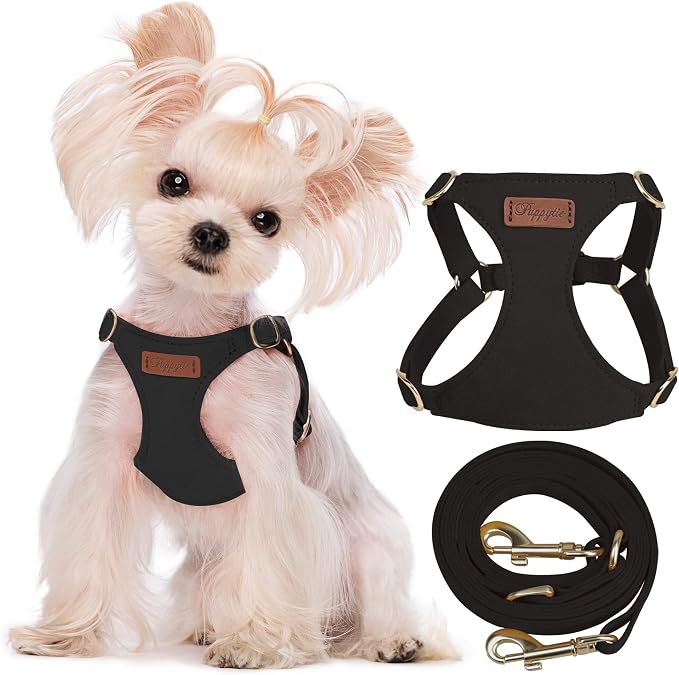Puppytie XXS Puppy Harness with Multifunction Dog Leash,Soft Adjustable No Choke Escape Proof Pet Harness Vest,Black,XXS