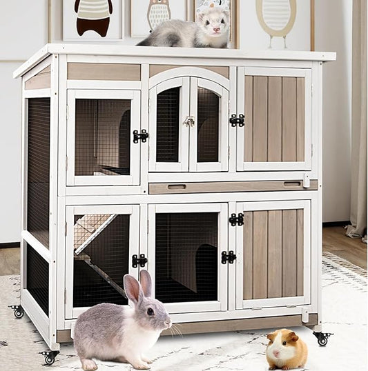 2 Story Large Rabbit Hutch Indoor with 2 Deeper Pull-Out Trays, Wooden Rabbit Cage with 4 Lockable Wheels, Ramp, Chew-Anti Metal Strip for Rabbit, (47" L x 18" W x 42" H)