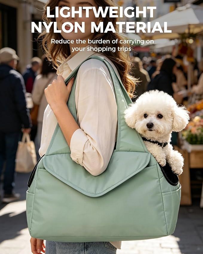 Lightweight Dog Purse with Large Pockets for Small Dogs up to 8 lb | Stylish, Soft-Sided Small Dog Carrier with Safety Buckle and Breathable Anti-Scratch Mesh for Travel, Sage Green
