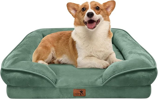 Spotted Play Orthopedic Dog Bed with Sides - Sofa Beds for Medium Dogs, Supportive Foam Pet Couch Bed with Washable Removable Cover, Waterproof Lining and Non-Slip Bottom, Green - M