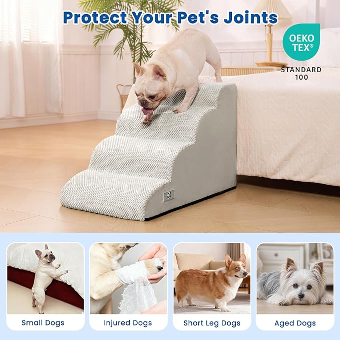 Dog Steps for Bed 17.7" H, 4-Step Pet Stairs Ramp for Small & Medium Dogs | Airpanda Dog Stairs with Washable Cover & High-Density Foam,Gentle Curved,Ideal for Senior & Short-Legged Dogs,Light Grey