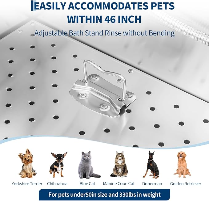 Garvee 46 Inch Stainless Steel Dog Washing Station with Walk-in Ramp, Heavy Duty Pet Grooming Bathtub, Brushed Finish, Right Door Options | 46" Brushed Stainless Steel Heavy Duty Dog Grooming Tub with Walk-in Ramp, Rustproof, for Large Dogs, Salon & Home