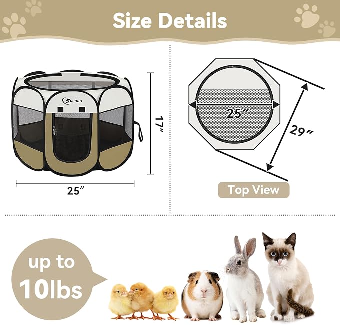 Siedihit Dog Cat Playpen, Small Puppy Pet Playpen, Dog Crate Tent Cage | Indoor/Outdoor, Portable Pop Up Dogs Kennel Playpen with Carrying Case for Dogs/Cats/Rabbits(Khaki, Small )