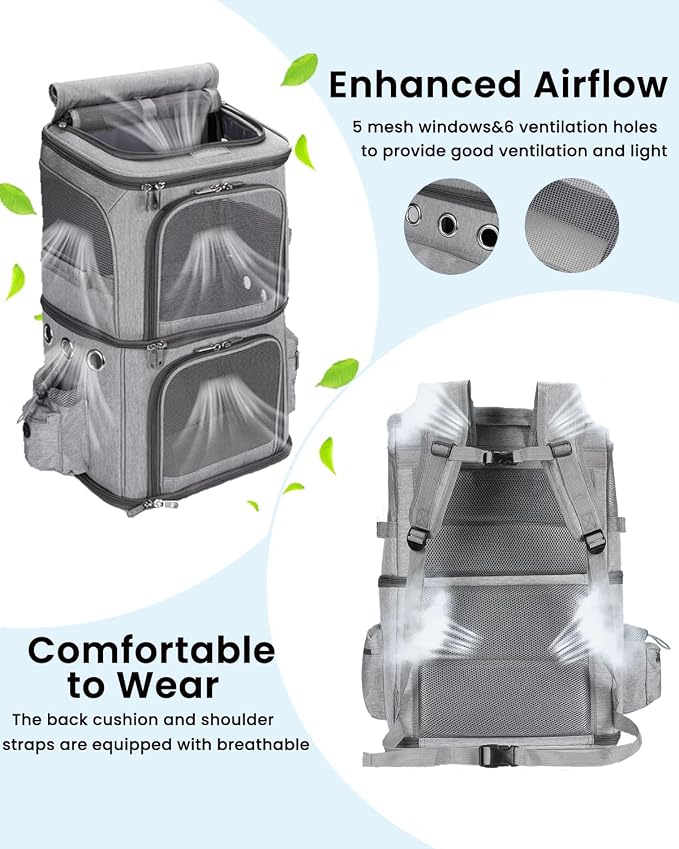 HOVONO Double-Compartment Cat Backpack Carrier for 2 Pets up to 18 lbs | 2-in-1 Pet Backpack Carrier for Small Cats & Dogs, Perfect for Traveling/Hiking /Camping/Vet Grey