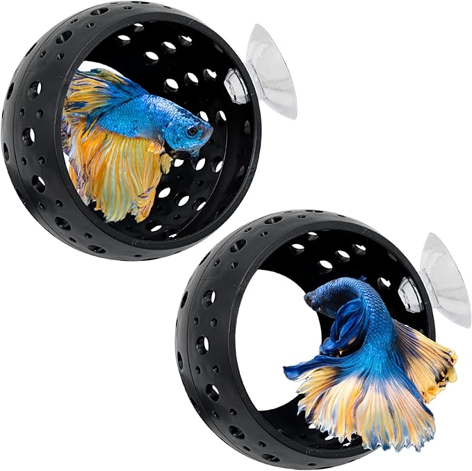 Fhiny 2 PCS Betta Tunnel, Beta Fish Tank Decor, Suction Cup Shrimp Hide, Betta Resting Spot, Aquarium Hammock Hideout Cave for Guppy Resting(Black)