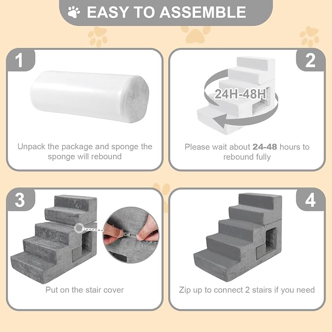 5-Step Dog Stairs for High Bed, 23” H Dog Steps for Bed, Pet Steps for Small Dogs and Cats with Non-Slip Washable Cover, Indoor, Grey