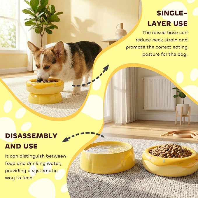 Donut Duo Ceramic Dog Bowl, Dog Water Bowl and Dog Food Bowl, Pet Bowls (Yellow)