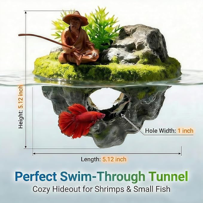 Aquarium Floating Island Decoration with Interactive Fish Feeding Hook,Fish Tank Decorations for Betta,Guppy & Shrimp,Safe ABS Material Floating Fish Tank Decorations,3D Old Man