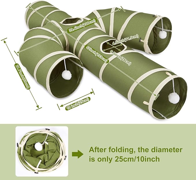 Ownpets Cactus Cat Tunnel 10" with Peek Holes for Indoor Large Cat, Green | Durable Oxford fabric, noise-free, foldable & connectable, multi-cat friendly, tube for cats up to 20lb, includes ball & wand