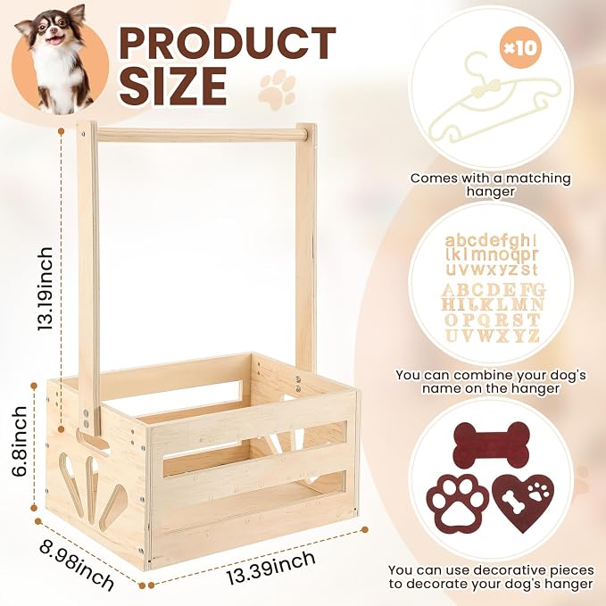 Teenyyou 20 x 13 x 9 Wooden Dog Closet Pet Wardrobe Crate Box with Hanging Rods and Personalized Alphabet Letters Easy Assembly Baskets for Dog Cat Toys Clothes Accessories(Wood)