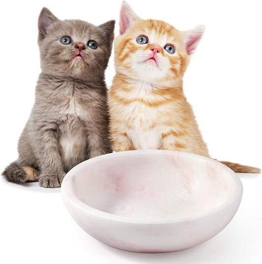 Natural Marble Cat Bowl, Weighted 1.5lb Cat Food Bowl for Cat and Small Dog, Small Animal Pet Food Dish Non-Slip, Shallow Cats Dish for Whisker Fatigue Relief, Premium Pink Stone for Home Decor