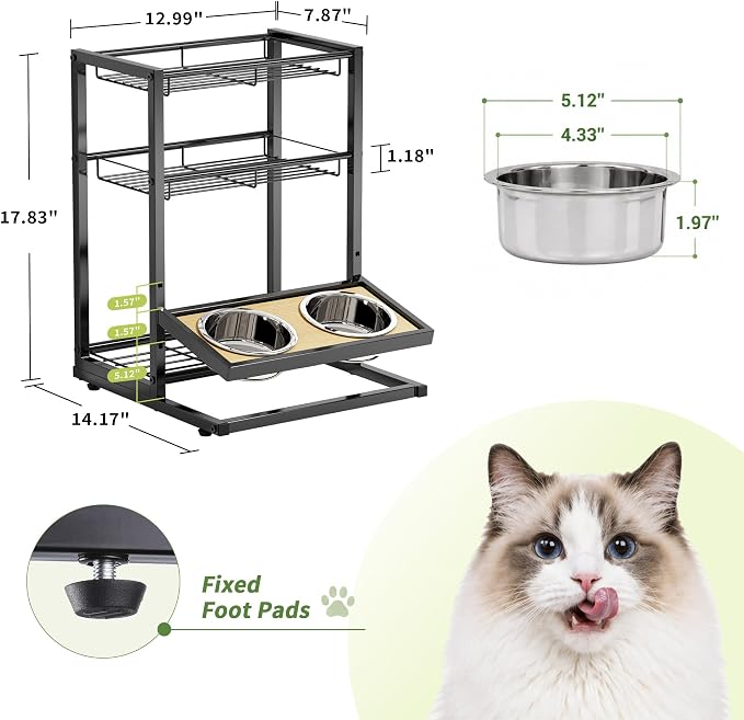 Elevated Cat Bowl Stand Feeding Station, 3-Tier Cat Food Organizer & Storage, Pet Feeding Station with Cat Table, Cat Food Stand for Large Medium Cats, 3 Height Adjustable, Black