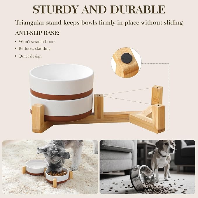 MALACASA Ceramic Dog Bowls Small Size Dog with Wood Stand, 1.5-Cup Ceramic Puppy Bowls for Cats & Small Dogs, Dual Food and Water Bowls with Weighted Non-Slip Base, Glaze Matte,14 Oz