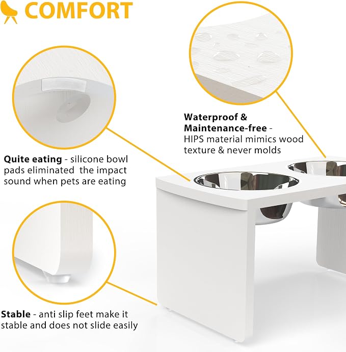 Elevated Dog Bowls, Waterproof Raised Dog Bowl for Medium & Large Dogs, HIPS Poly Lumber Stand with 2 Stainless Steel Bowls, Indoor & Outdoor Use (10'' Tall–48 oz Bowl, White)
