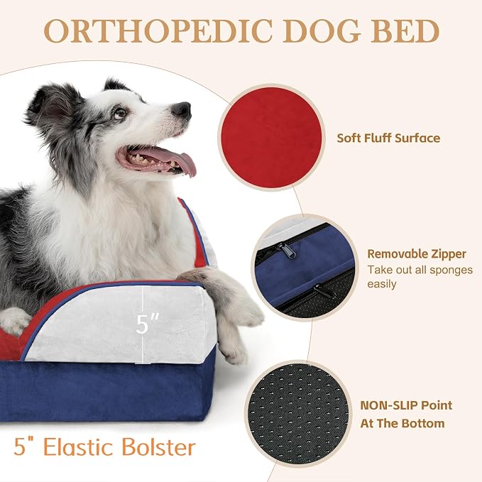 Comfort Expression Orthopedic Dog Bed for Extra Large Dogs with Bolster | Waterproof Dog Couch Bed with Washable Cover & Non-Slip Bottom, Supportive Egg Crate Foam XL Pet Bed, 45x35 Inch