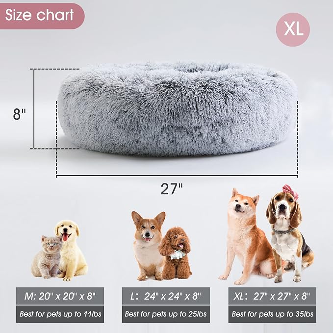 Western Home Calming Donut Small Medium Pet Dog Bed Washable,27" Light Grey | Fluffy Faux Fur Round Cuddler,Anti-Anxiety,Anti-Slip Bottom,Plush Pet Dog Beds for Small Medium Sized Dogs,Up to 35 LBS