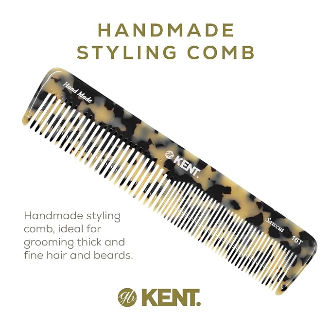 Kent 16T TW Fine Tooth and Wide Tooth Comb for Daily Grooming, Handmade Styling Comb for All Hair Types, Styling and Detangling Combs for Men and Women