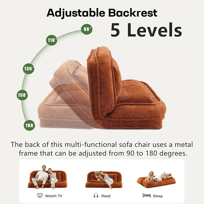 Foldable Lazy Sofa Bed, Double Human Dog Bed for Adults, Orange | Skin-friendly Breathable Soft Chenille Upholstered, 5 Adjustable Backrest Positions, 3 Soft Cushions for Living Room