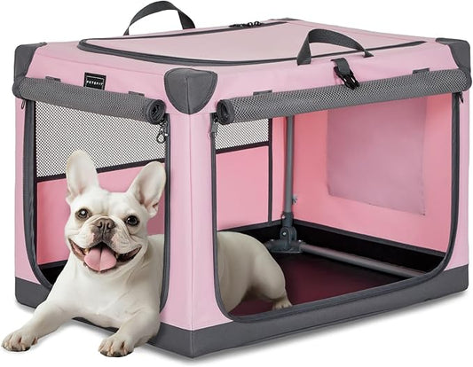 PETSFIT 26" Soft Portable Dog Crate – Patented Spiral Sturdy Frame, Collapsible Travel Kennel for Small Dogs, 3 Mesh Door, Lockable Zippers, Indoor & Car Use Pink