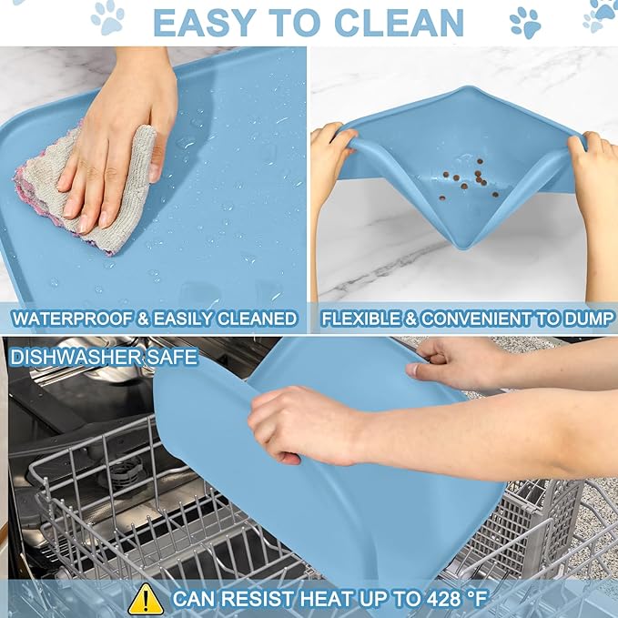 SMILOOL Waterproof Silicone Pet Food Mat with Raised Edge for Dog & Cat | 19" x 12" Non-Slip Pet Feeding Mats with Lip for Food & Water Bowl, Food Grade, Easy Cleaning, Light Blue