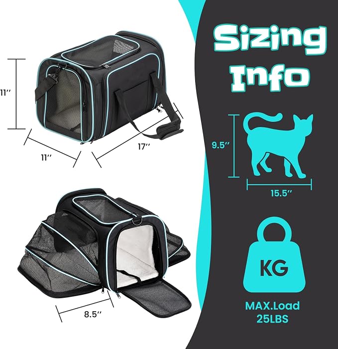 Soft-Sided Expandable Small Dog Carrier, Airline Approved for Traveling | Durable Mesh Large Cat Pet Puppy Flight Carrier for Kittens, Puppies and Rabbits, 17x11x11 Inches