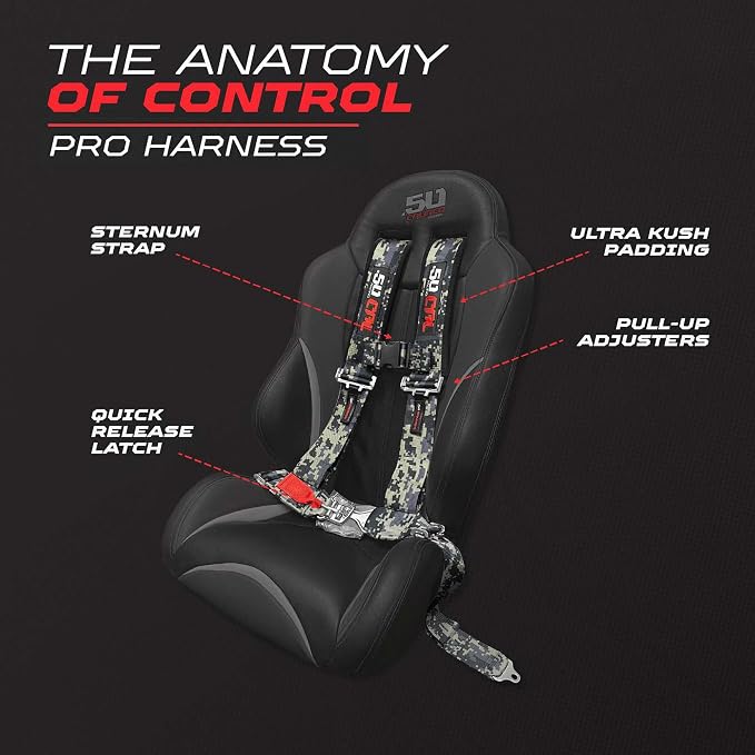 1pc 50 Cal Camo 4 Point Harness 2 inch straps, Racing Harness Seat Belt | Ultra Kush padding, Push Button quick release hardware. Universal Fit for UTV, RZR, race car