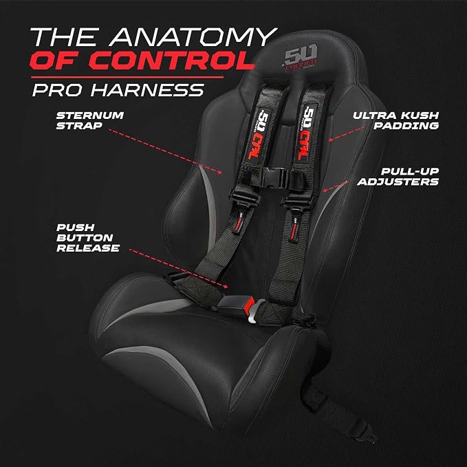 1pc 50 Cal Black 4 Point Harness 2in Straps, Racing Harness Seat Belt | Ultra Kush padding, Push Button quick release hardware. Universal Fit for UTV, RZR, race car.