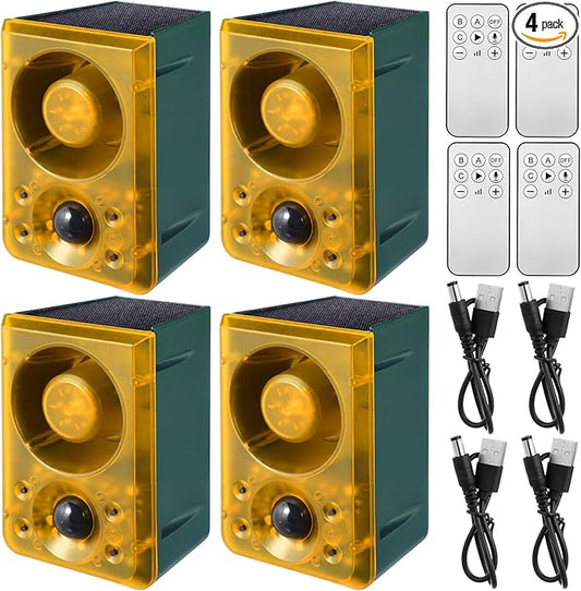 Qualirey 4 Pcs Solar Outdoor Motion Sensor Alarm Animal Deterrent Gunshot Sound Dog Barking 130db Loud Noise Maker 3 Modes with USB Remote Control, Support Recording and Volume Adjustment (Yellow)