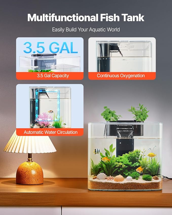 VEVOR Fish Tank Aquarium, 3.5 Gallon, Arch Design, Ultra-Clear GPPS Smart Tank with Adjustable 3-Color Lighting, Self-Cleaning System for Freshwater & Saltwater Fish - Home, Office Use