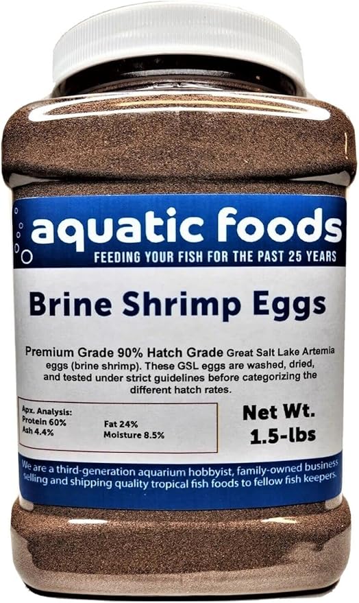 Aquatic Foods Inc. Brine Shrimp Artemia Eggs, Premium Grade 90% Hatch Rate from The Great Salt Lake, Utah, USA…1.5-lb Lg Jar