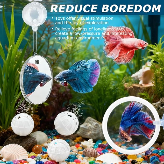 2pcs Bettas Fish Enrichment Toys Ring with Mirror & 2 Bio Filter Balls Betas Exercise Loop Toys Bett a Fish Exercise Ring Suitable for Fishs Tank, Aquarium(Color:White)