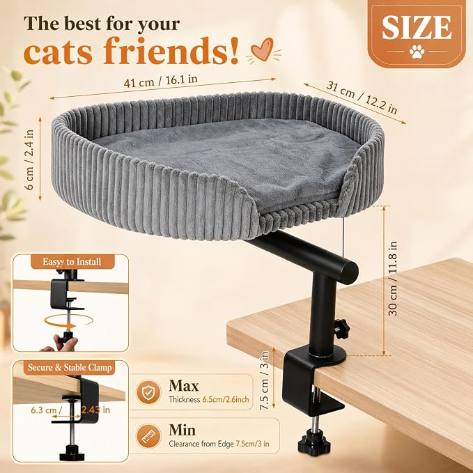 Cat Desk Bed with 3 Mats for All Seasons, 360° Rotating Adjustable | Clamp-On Desk Cat Bed with Reversible Plush Cushion, Sisal Scratch Mat, Cooling Mat & Hanging Ball, Supports 50 lbs, Grey
