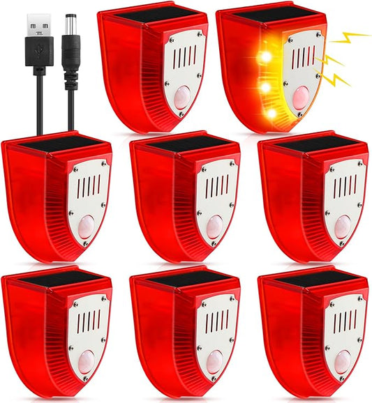 Qualirey 8 Pcs Solar Alarm Motion Detector with Sound Outdoor Motion Sensor 129db Barking Dog Strobe Light Gunshot Sound Alarm Detector Noise Maker Warning Lamp for Home Villa Yard Farm