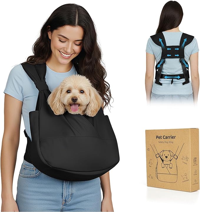 Dog Sling Carrier Front with Thicken Bottom Support for Small Dogs 5-12 lb | Adjustable, Hands Free, Comfortable Wearable, Lightweight, Vet Visits, Anxiety, Travel, Hiking, Safety Clip Black